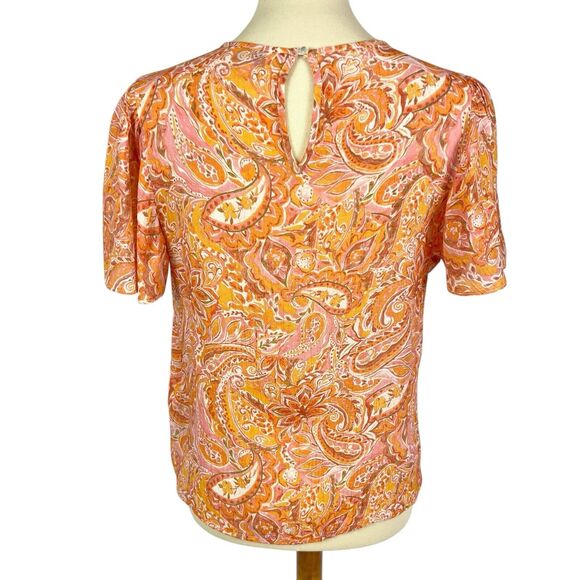 Nanette Lepore Orange Pink Floral Crochet Lace Short Flutter Sleeve Top Medium - Picture 4 of 8